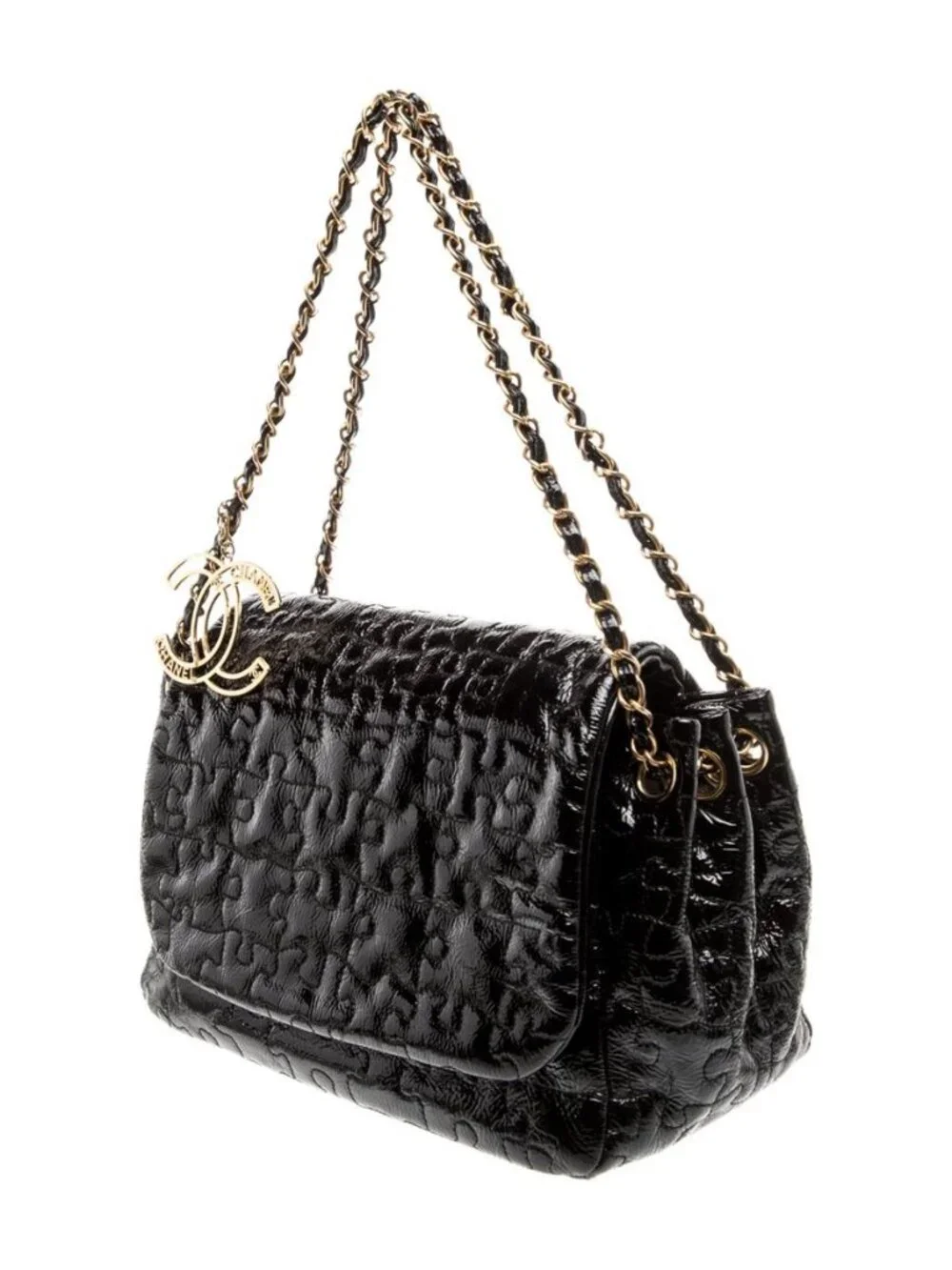 Chanel Vintage Puzzle Accordion Black Patent Leather Flap Bag